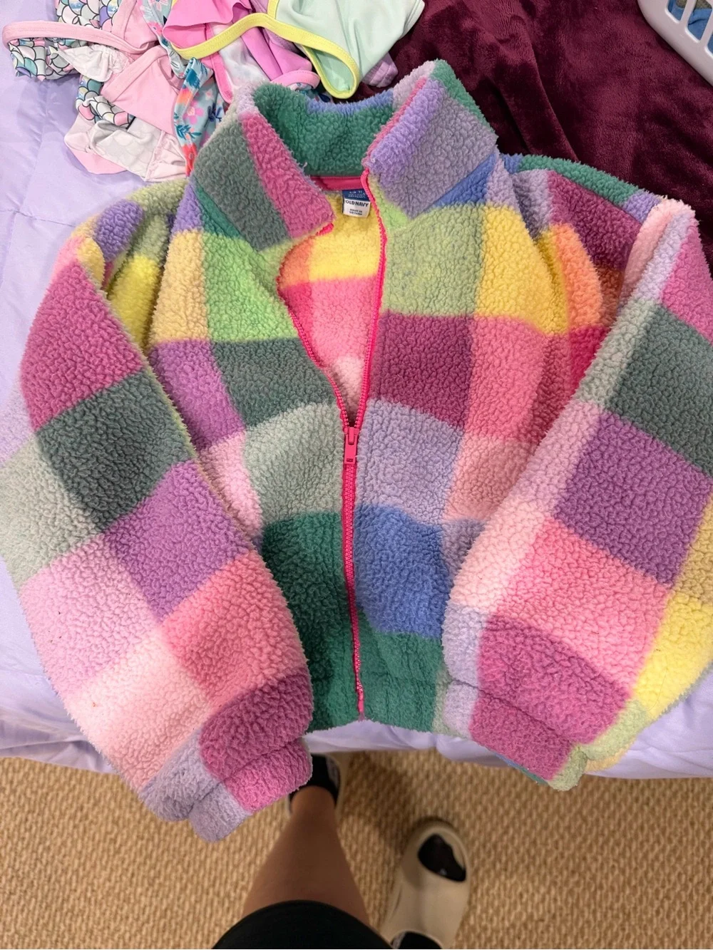 Old Navy Pastel Multi-Color Check Sherpa Puffer Jacket